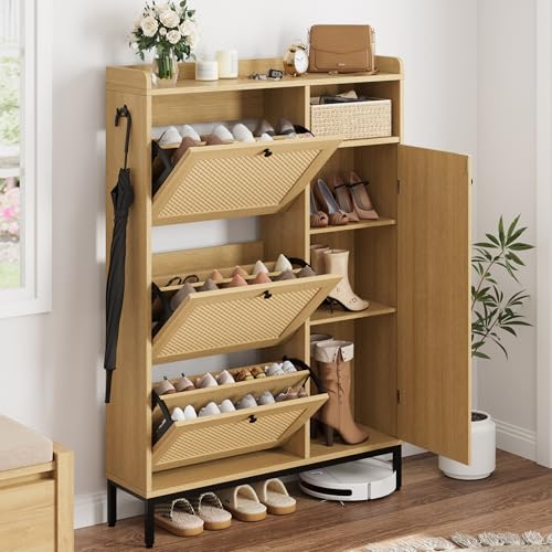 GarveeHome Shoe Cabinet Rattan with 3 Flip Drawers and 4-Tier Shoe Storage Cabinet, Freestanding Shoe Organizer with Adjustable Shelves for Entryway, Closet, Hallway (Light Oak)
