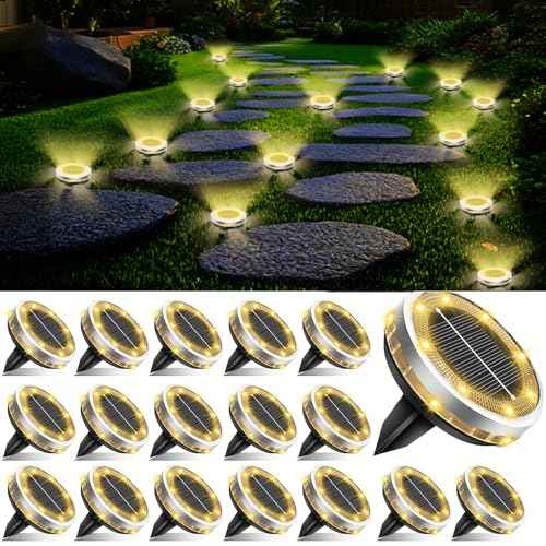 Solar Ground Lights Outdoor 18 Pack Waterproof, Upgraded Solar Garden Lights with 4 Side Light, Stainless Steel Solar Powered Disc Landscape Light for Walkway Lawn Yard Patio Deck-Warm White