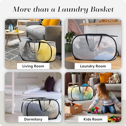 Foldable Laundry Basket - Popup and Collapsible, Durable Mesh Material, Folds for Storage, Easy Carry Handles - Great Hamper for College Dorm, Laundry Room or Travel (White-Black, 2-Compartments)