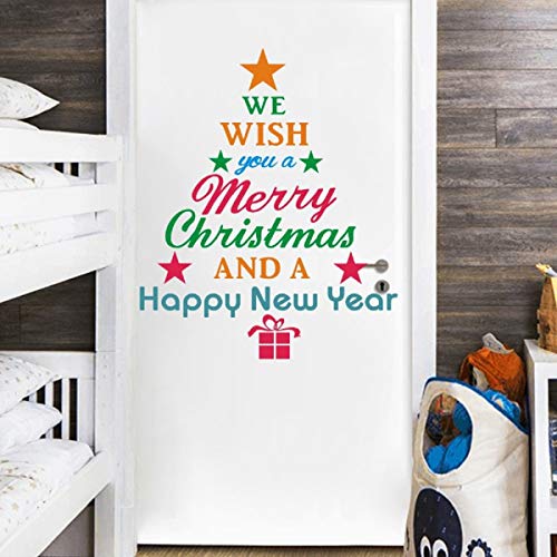 Christmas Tree Letters Wall Decal Wall Art Sticker, Peel and Stick Removable Christmas and New Year Wishes Tree Words Letters Wall Print Stickers Pictures for Door and Window Refrigerator Living room.