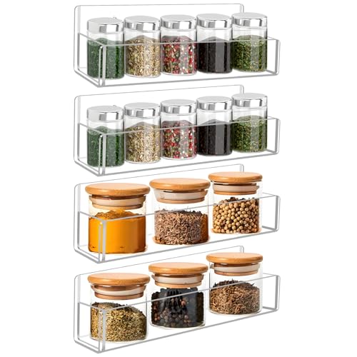 Acrylic Spice Rack Wall Mount-9 Inch, Clear Spice Shelf Storage Holder, 4 Pack Hanging Seasoning Rack Organizer for Cabinet Door, Cupboard or Wall Kitchen (Adhesive or Screw) - size: 9"- 4 Pack