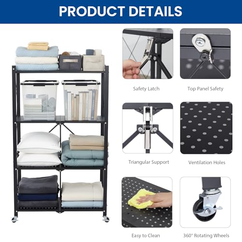 4 Tier Foldable Storage Shelf with Wheels, Collapsible Metal Rack Shelving Unit, No Assembly Required, Rolling Cart Shelf Rack Organizer for Books, Garage, Kitchen, Closet, Pantry, Exhibition, Black - size: 4-Tier