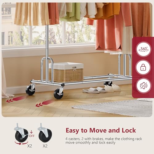 Tajsoon Heavy Duty Clothes Rack Foldable Garment Rack with Wheels and Extendable Rod, Freestanding Clothing Rack for Hanging Clothes, Adjustable ＆ Collapsible Rolling Racks with Bottom Shelf, Chrome - style: Single Rod Heavy Duty