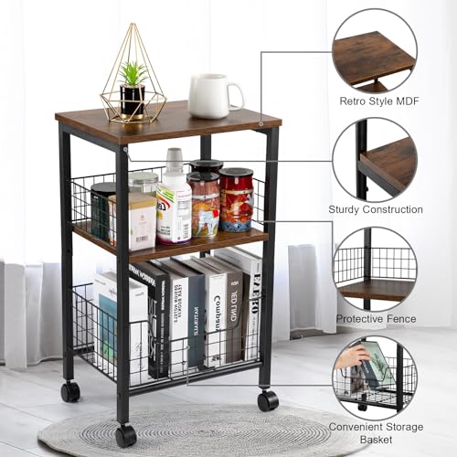 Hadulcet Small End Table, 3-Tier Side Table with Storage Basket, Industrial Style Side End Table for Living Room Bedroom Kitchen Bathroom, Rustic Brown