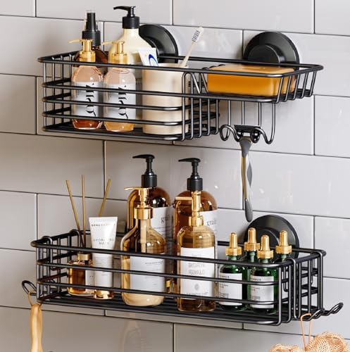 TAILI Shower Caddy Suction Cup 2 Pack with Hooks & Soap holder, Heavy Duty Shower Organizer for Bathroom, No Drilling Bathroom Organizer with Large Capacity, Black Metal Storage Basket - style: 2×Black