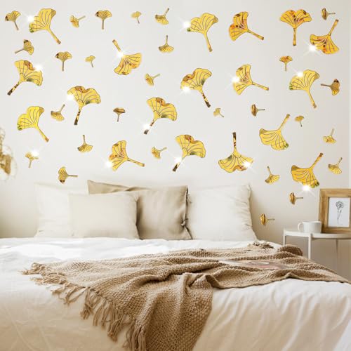 Golden Wall Decals Peel and Stick Golden Leaves Wall Stickers Modern Leaf Vinyl Wall Decals Living Room Abstract Flower Walls Sticker Nordic Plant Walls Art Murals for Bedroom Bathroom Kitchen Decor