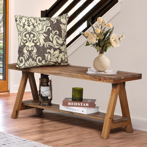 Wnutrees 43" Farmhouse Wood Bench, Long Rustic Indoor Storage Bench for Entryway, Living Room, Dining Room, Solid Wood Construction, Original Wood - size: 43" wood bench