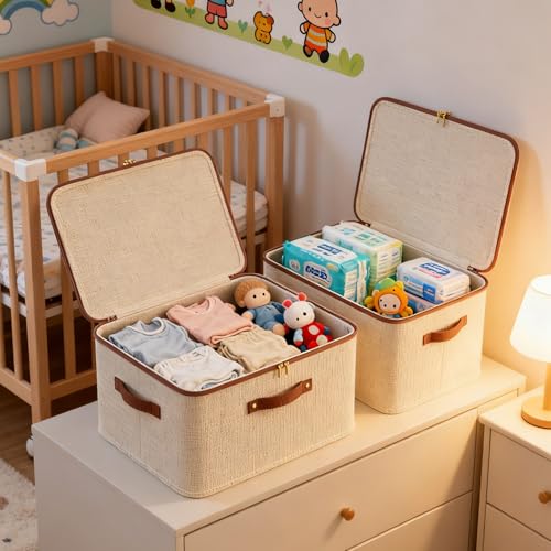 Tuza 3 Pcs Rigid Storage Bins with Zipper Lid, Cotton Linen Fabric Storage Boxes, Foldable Shelves Clothes Storage Cubes with Handles for Wardrobe, Closet(Beige, 56L) - size: XXL-56L