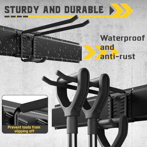 64" Garage Tool Organizer Wall Mount, 720lbs Garden Tool Organizer with 10 Adjustable Hooks, Heavy Duty Garage Tool Storage Rack for Yard, Shed (4 Racks, 10 Hooks, 3 Straps)