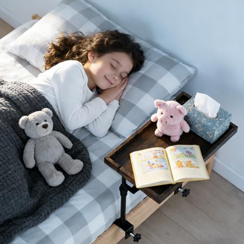 Clip On Bedside Shelf, Adjustable Bed Table with Cup Holder & Headphone Hook, Bed Tray for College Dorm, Bunk Beds, Space Saving Nightstand with Cable Management, Side Table Organizer for Bedroom
