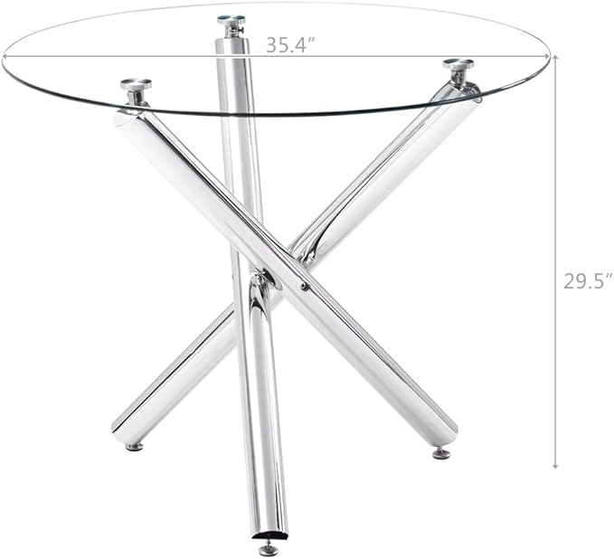 36" Round Dining Table for 4, Modern Clear Glass Kitchen Table for 4 with Silver Cross Metal Legs, Contemporary Small Circle Dining Room Leisure Tables for Kitchen Apartment