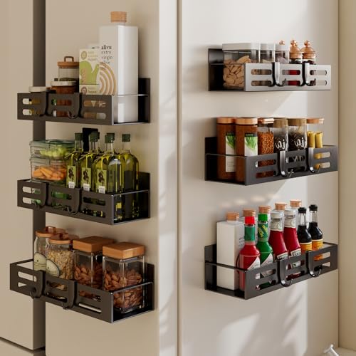 SETBAOO 6 Pack Magnetic Spice Rack for Refrigerator Set, Black Magnetic Shelf and Fridge Kitchen Cabinet Organizers Storage Seasoning Organization Mini Shelves. - size: 6 Pack Black-C