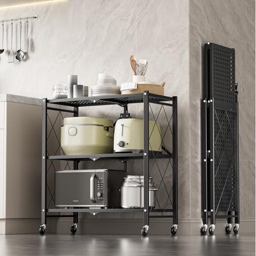 Simple Deluxe 3-Tier Folding Storage Shelves, 27.95" W x 14.96" D x 34.25" H Foldable Shelving Unit, 750 Lbs Loading Capacity, Black - color: Black, size: 3-Tier, 28"W x 15"D x 34"H