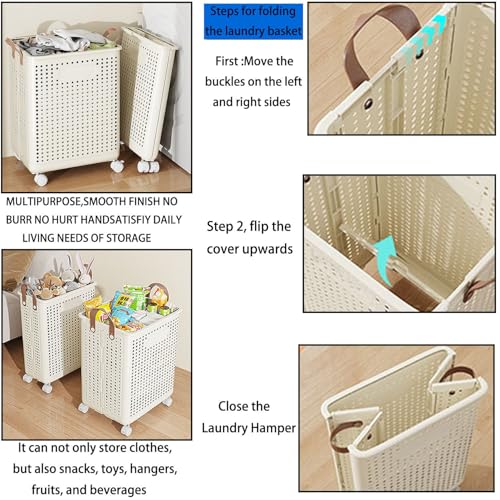 WESAPPINC Collapsible Large Laundry Hamper, Plastic Laundry Basket with Wheels,Suitable for Bathroom, Bedroom, Dorm Room & Laundry Room,Basket with Handle (White) - color: 55L White