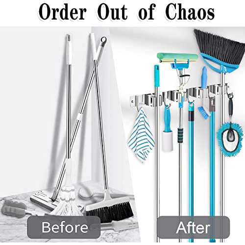 Broom Mop Holder Wall Mount Broom Hanger Wall Mounted Metal Organization Garage Storage Garden Kitchen Tool Organizer With 4 Racks and 5 Hooks (Silver, 1 Pack 4R5H) - size: 1 Pack 4R5H