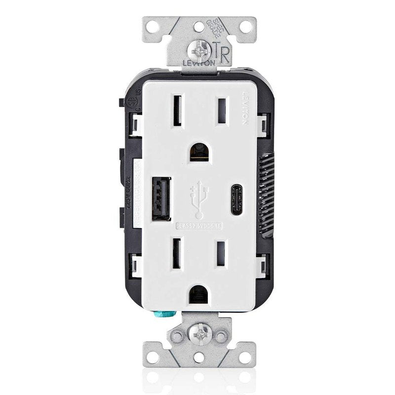 Leviton Type A & Type-C USB In-Wall Charger with 15A Tamper-Resistant Outlet, USB Charger for Smartphones and Tablets, Not for Laptops, T5633-W, White