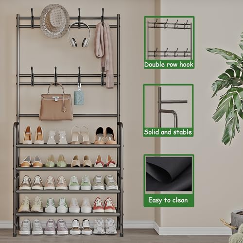 4 Tier Coat and Shoe Rack Entryway Coat Rack with 8 Hooks Shoes Organizer for Living Room Bedroom Office Brown - color: Brown