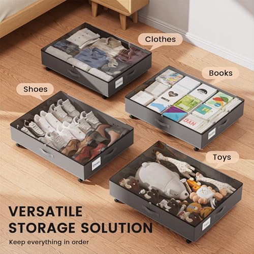 XXXL 78L Under Bed Storage with Wheels, Rolling Storage Containers with Clear Lid & Label, Heavy-Duty Metal Frame, Easy Pull-out, Underbed Storage Bins for Clothes, Shoes, Blankets, and Toys(2PACK) - size: 78L-2pack