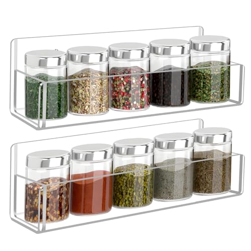 Acrylic Spice Rack Wall Mount - 9 Inch, Clear Spice Shelf Storage Holder, 2 Pack Hanging Seasoning Organizer for Cabinet Door, Cupboard or Wall Kitchen (Adhesive or Screw) - size: 9"- 2 Pack