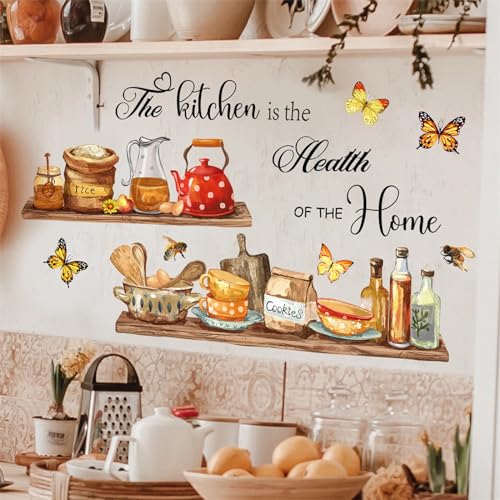 Bowl Kitchenware Utensil Shelf Wall Stickers, sacinora The Kitchen is the Heart of Home Butterfly Bee Wall Decal Removable Vinyl Peel and Stick for Kitchen Dining Restaurant Baking Room Bar Home Decor