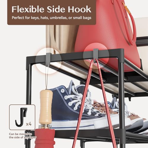 SUFAUY Large Shoe Rack Organizer, 2 Row 8 Tier 32-40 Pairs with Hooks, Sturdy Metal, DIY Stackable &Adjustable, Black