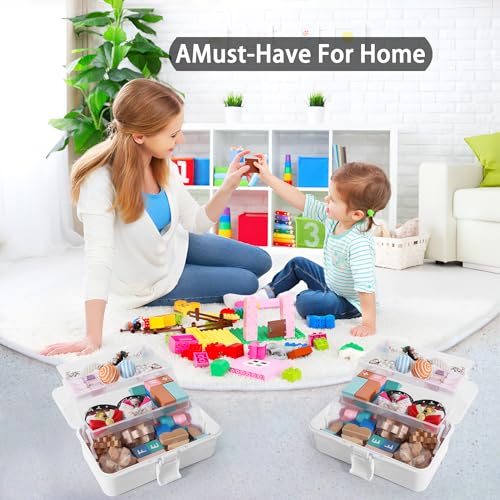 11(in) Versatile Three-Layer Folding Organizer Box,Ideal for Art & Crafts,Toys,Sewing Supplies,Jewelry and Tools,Storage with Dual Trays,Elegant White - color: White