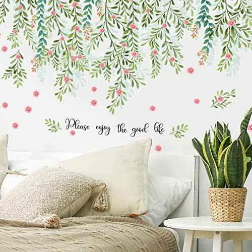 Runtoo Hanging Vine Flower Wall Decals Green Plant Leaves Wall Stickers for Bedroom Living Room Wall Art Decor