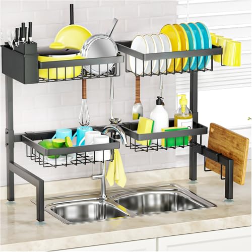 SNSLXH 4 Baskets 2-Tier Over The Sink Dish Drying Rack, 26.57"-35", Large Sink Rack for Kitchen, Extensible and Adjustable, Saving Kitchen Space - size: 2 tiers 4 baskets