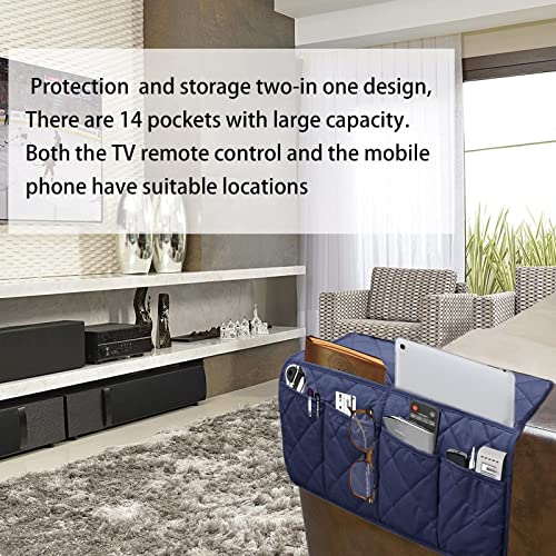 Armchair Caddy,Non Slip Sofa Armrest Organizer, Couch Armrest Remote Control Holder,Waterproof Recliner Arm Caddy with 14 Pockets for Cell Phone TV Remote Control - color: Blue
