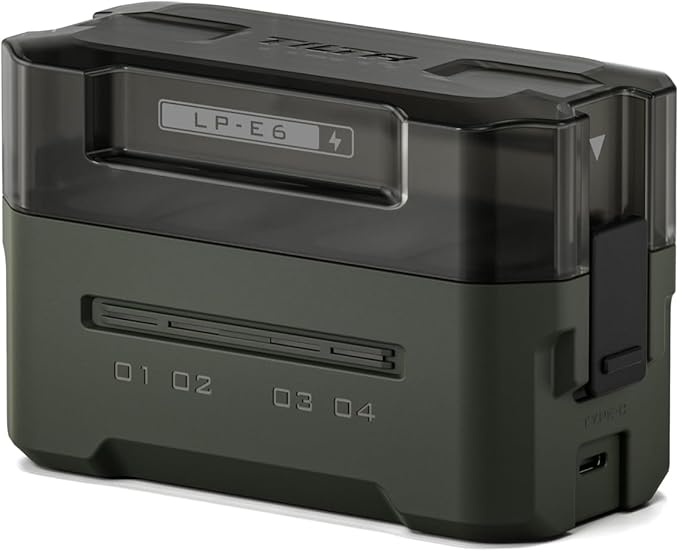 Tilta LP-E6 Portable Charging Station | Charge 4 Batteries w/USB-C PD 45W Fast Charge | Safe for EOS R5 Mark II, R6 Mark II, R7, R6, R5, R, 5D Mark IV, 6D, 7D Mark II, 90D, 80D, 70D, 60D | Green