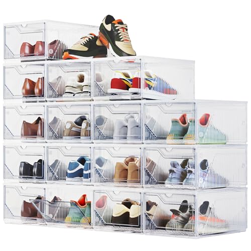 XX-Large Shoe Sneaker Storage Boxes for Size 14, Stackable & Thicken Clear Plastic Shoe Organizers 16 Packs for Entryway Closet Under Bed, Shoe Storage Cabinets Container Display Case w/ Magnetic Door - size: 16 packs