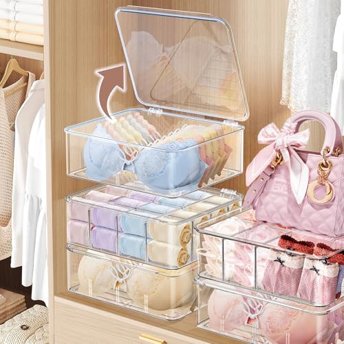 DILIBRA Socks Underwear Drawer Organizer for Closet, 16 Compartment Removable Divided Plastic Clear Sock Storage Box with Lid, Underwear Storage Tie Organizer Box for Bra Socks Ties Scarf Tea Bag