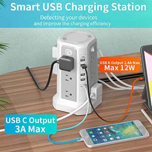 PASSUS Surge Protector Power Strip with USB C Port,10FT Extension Cord with 12 AC Outlets, Power Strips with Surge Protection for Home Office DormRoom