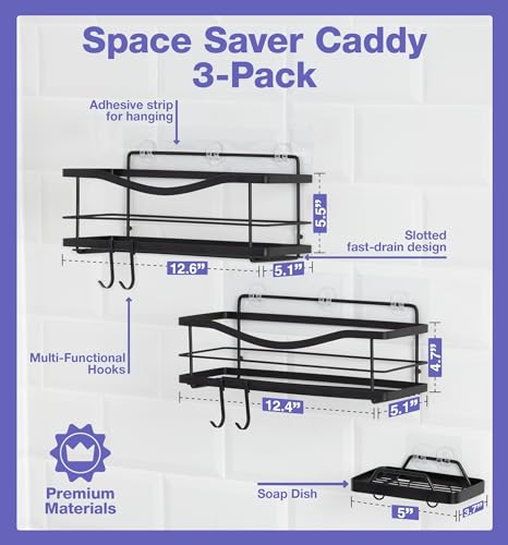 KINCMAX Shower Caddy and Soap Holder Set, Rustproof SUS304 Stainless Steel, Adhesive Wall Mount Double Baskets 2-pack with Hooks (Matte Black) - color: Matte Black, size: 2-Pack Caddies + Soap Holder