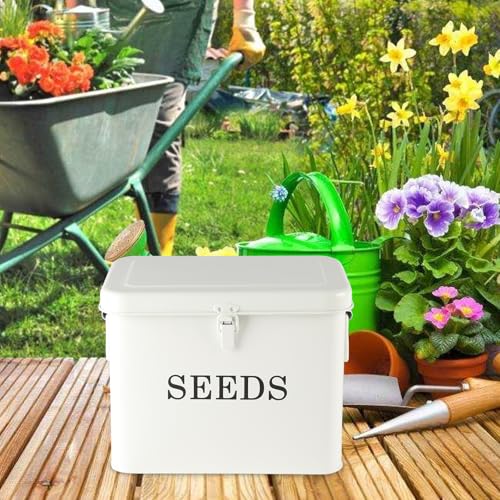 Seed Storage Organizer, T-Shape Compartment Seed Box with Safety Lock, Metal Seed Saving Box, Portable Seed Bin Container with Handle, Including 2 Pens 20 Plant Labels 50 Seed Envelopes-White - color: Tall-White