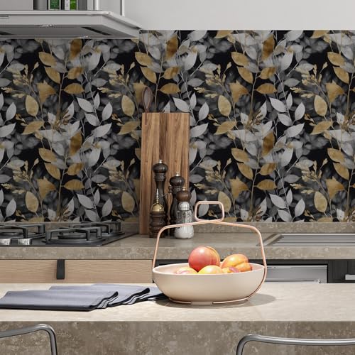 RUSPEPA Peel and Stick Floral Wallpaper,Black and Gold Botanical Wall Decor, Boho Self Adhesive Removable Decorative Waterproof Contact Paper for Bedroom Kitchen Cabinets Wall D?cor, 17.7 in x 6.56 ft