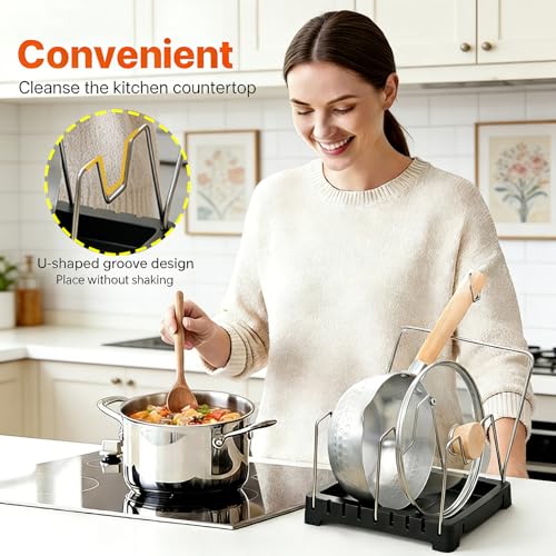 Adjustable Pot Lid Holder with Drip Tray, 2 in 1 Pot Lid Organizer & Spoon Rest, Stainless Steel Lid Holder for Countertop & Cabinet While Cooking, Space Saving Kitchen Pot Cover Rack, Easy Clean