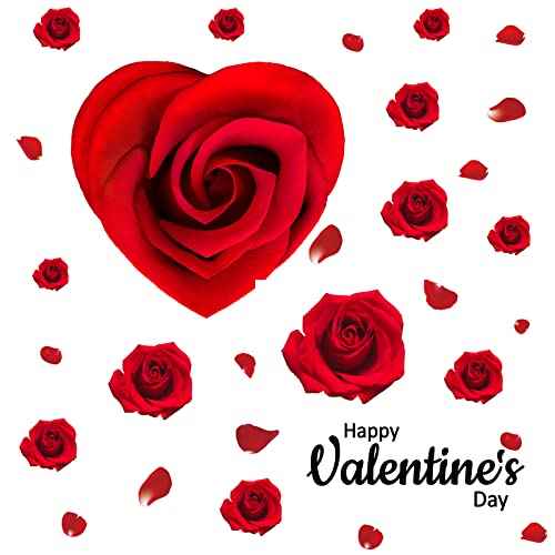 Heart-Shaped Rose Flower Wall Decals, Valentine's Day Love Wall Stickers, Removable Self-Adhesive Valentine Window Stickers, Romantic Wedding Anniversary Wall Art, Peel and Stick Murals for Home Decor