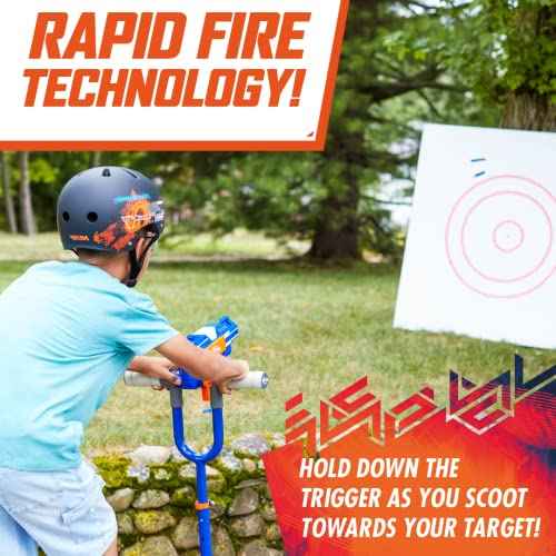NERF Kick Scooter for Kids, Dual Barrel Blaster Fires Up to 40 Feet, Supports Up to 150lbs, Rear Brake, Sturdy Steel Frame, Wide Surface Textured Molded Deck, Outdoor Activities for Boys/Girls