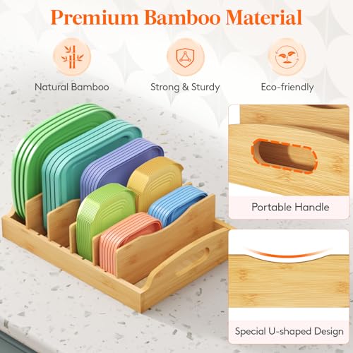 Lifewit Bamboo Lid Organizers for Inside Cabinet, Food Storage Container Lid Holder with 5 adjustable Inserts & 6 Sections, Kitchen Pantry organizer and storage, Large, 13.2" x 10"/34 x 25cm - size: Large(13.2" x 10")