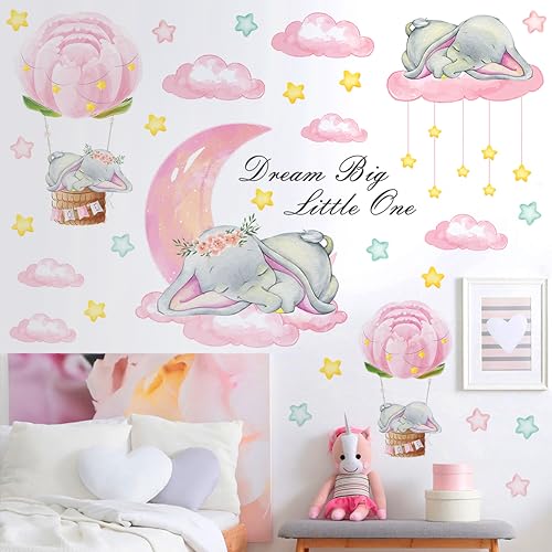 Removable 3D Cartoon Elephant Sleeping on the Moon and Cloud Wall Decor Sweet Dream Princess Little Girls Bedroom Wall Decal Hot Air Ballon Stars Wall Sticker for Baby Children Rooms Playroom Nursery