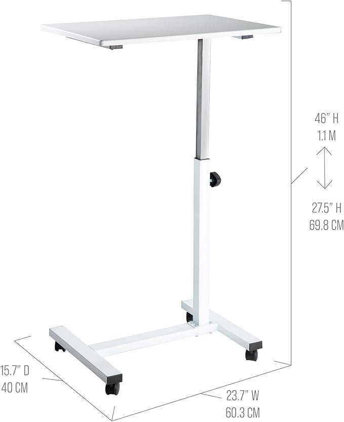 Seville Classics Solid-Top Height Adjustable Mobile Laptop Computer Desk Cart Ergonomic Home Office Stand Rolling Table, Overbed (23.6"), White