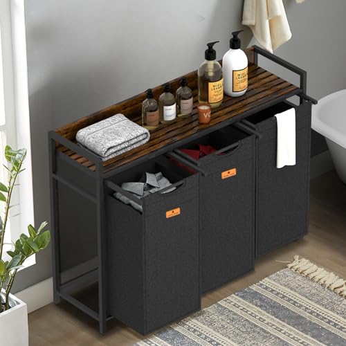 Lifeand Laundry Hamper, Laundry Clothes Sorter with 3 Pull-Out Bags and Shelf, Laundry Basket 3 Section, 3×10Gal(38L), Rustic Brown and Black