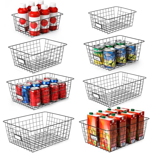8 Set, Extra Large Wire Baskets for Organizing with Lables, Cabinet Pantry Organization and Storage Bins - Metal Basket for Kitchen, Laundry, Garage, Fridge, Bathroom Countertop Organizer, Black - size: Large-8 Pack