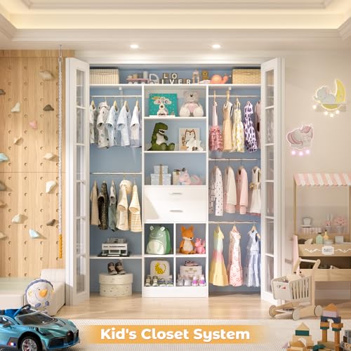 5FT Closet Organizer System with Wooden Drawers, 60 Inches Walk In Closet System With 5 Hanging Rods, Can Fit 1.58 to 6.8 FT with Reversible Hanging Shelving, White - color: White, size: 5FT