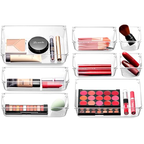 Masirs Clear Drawer Organizer - Easily Organize and Customize the Layout of Drawers. Great for Office Desk, Utensils, Cosmetics and Makeup. (8-Piece Set) - size: 8-Piece Set