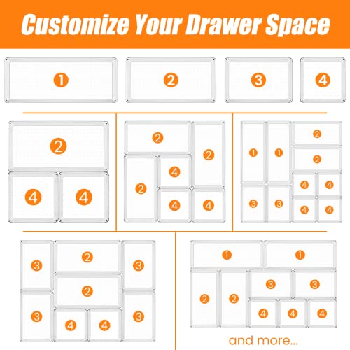 12 Pack Clear Plastic Drawer Organizer Set, Acrylic Non Slip Non Cracking Kitchen Drawer Storage Tray Large Size Divider, Multifunctional Storage for Cosmetics, Bathroom, Tools, Kitchen and Office - size: 12 PACK