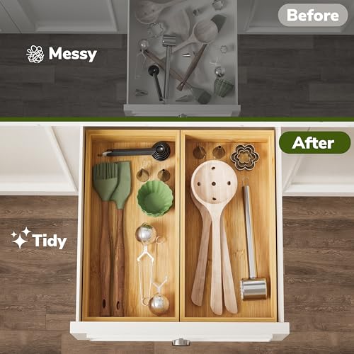 BAMEOS Deep Utensil Drawer Organizer, Bamboo Silverware Organizer for Kitchen Drawer Storage Flatware Junk Cutlery Jewelry 14"x 6.8" Set of 2 (Natural) - size: 2 Boxes 14x7"