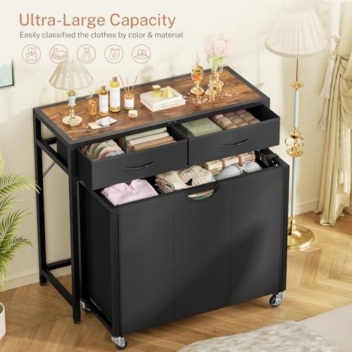 Laundry Sorter, Rolling Laundry Hamper with 3 Section Pull-Out Bags, Laundry Basket Organizer with 2 Drawers & 2-Tone Top Panel, Laundry Hamper with Wheels for Laundry Room Organization, Bathroom - size: 120 L with 3 Section