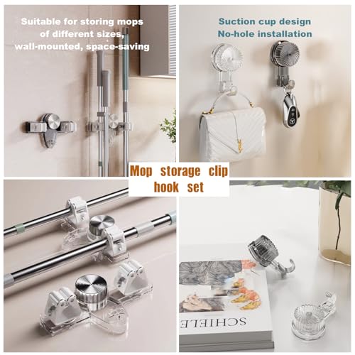 Broom Holder Mop Hanger(2pcs Racks & Hook Set),Wall Mount Organization Rack,No Drill Suction Cup Adjustable Organizer with Hooks for Bathroom Kitchen Garage Laundry Room (Grey)